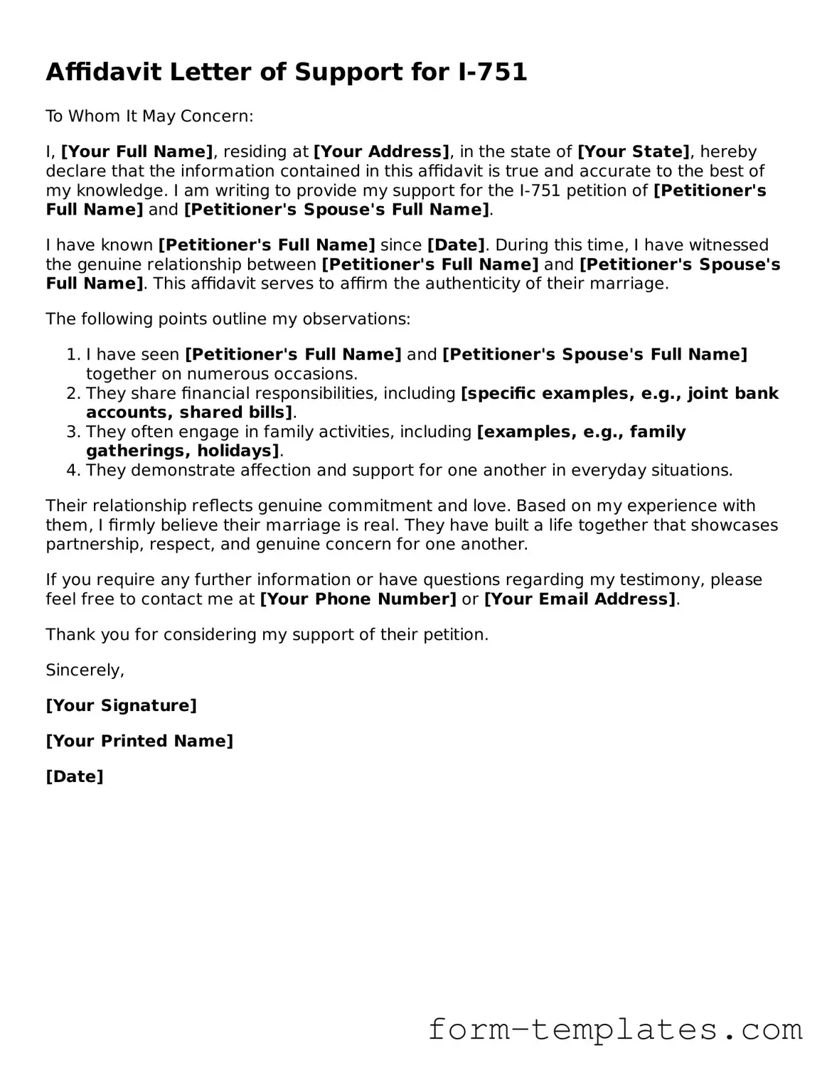 Attorney-Approved Affidavit Letter of Support for I-751 Document
