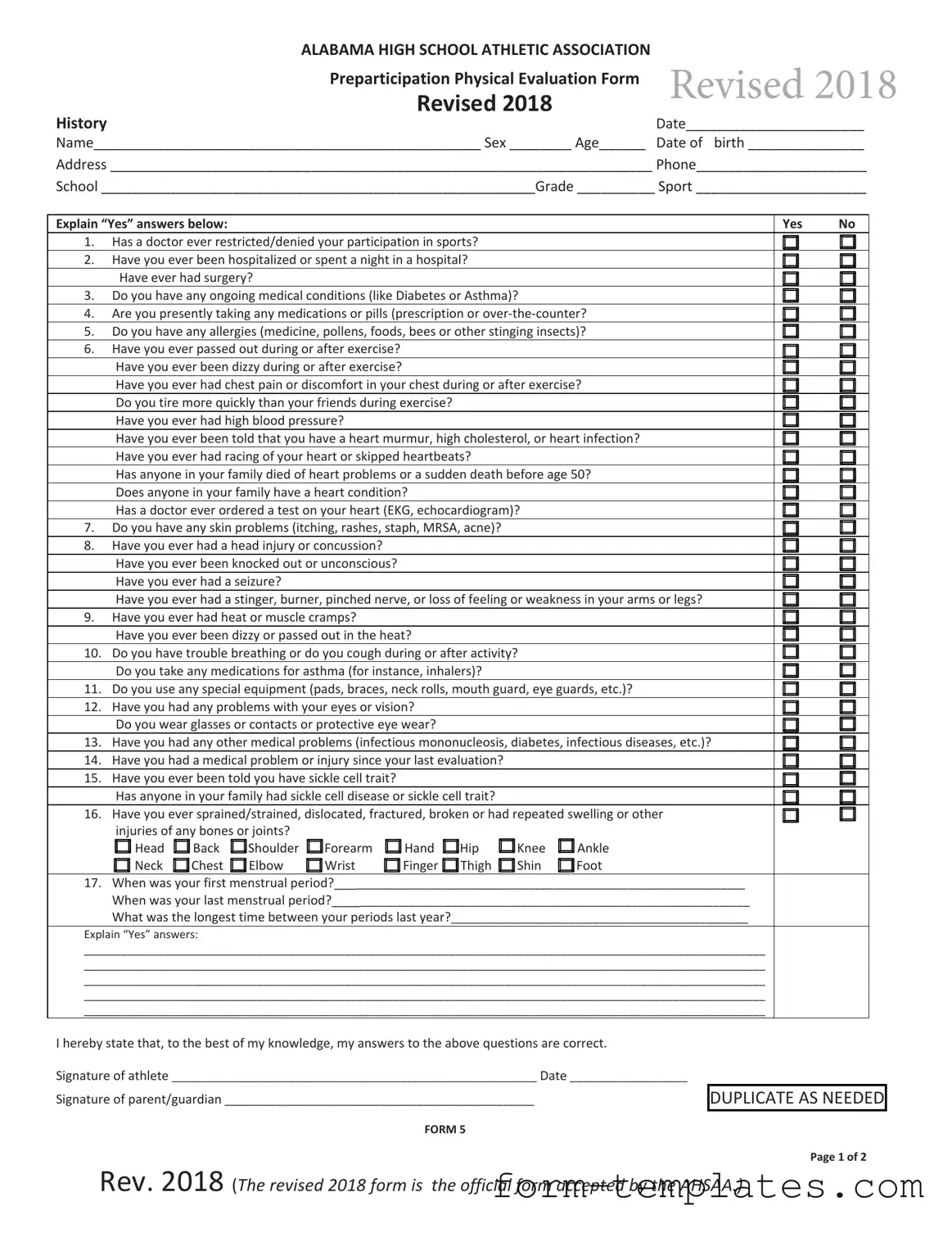 Fill Out a Valid Alabama High School Physical Template