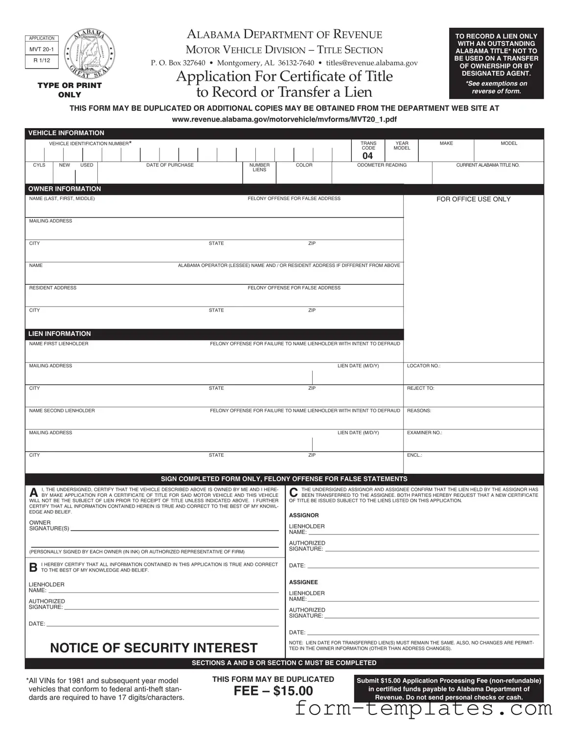 Fill Out a Valid Alabama Mvt 20 1 Template