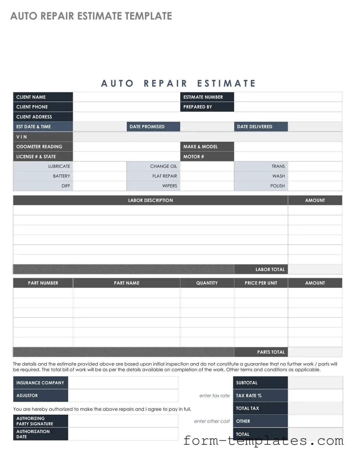 Fill Out a Valid Auto Repair Estimate Template