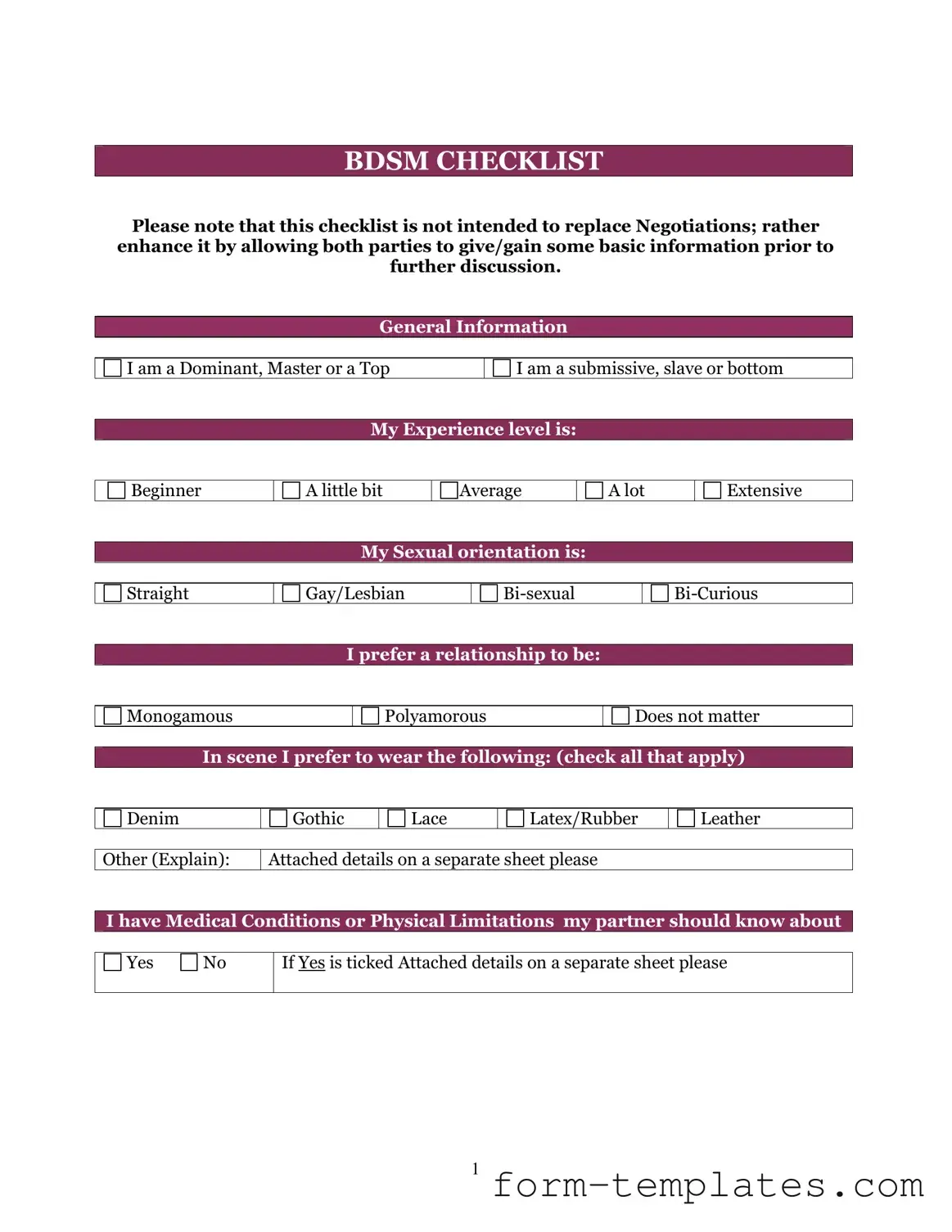 Fill Out a Valid Bdsm Checklist Template