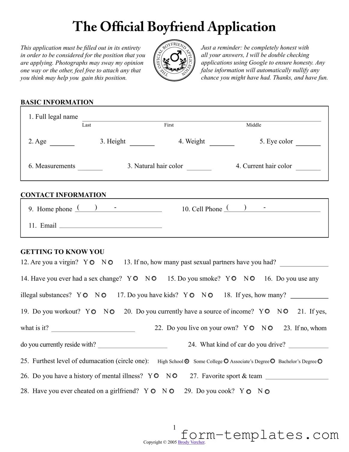 Fill Out a Valid Boyfriend application form Template