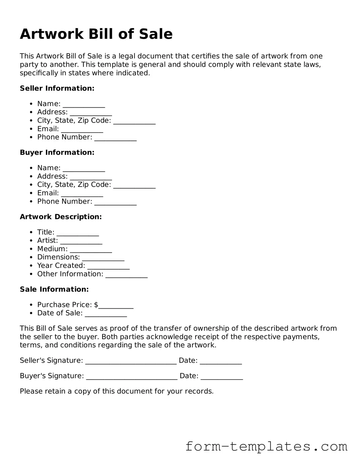 Attorney-Approved Artwork Bill of Sale Document
