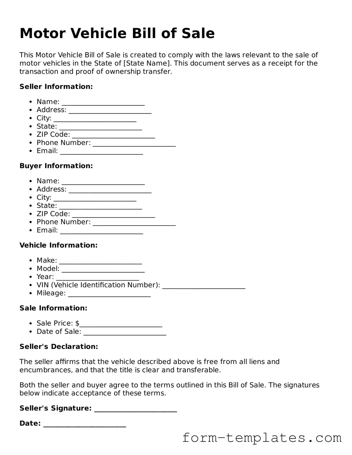Attorney-Approved Motor Vehicle Bill of Sale Document