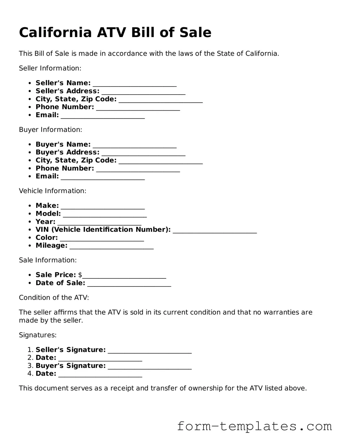 Printable ATV Bill of Sale Form for the State of California