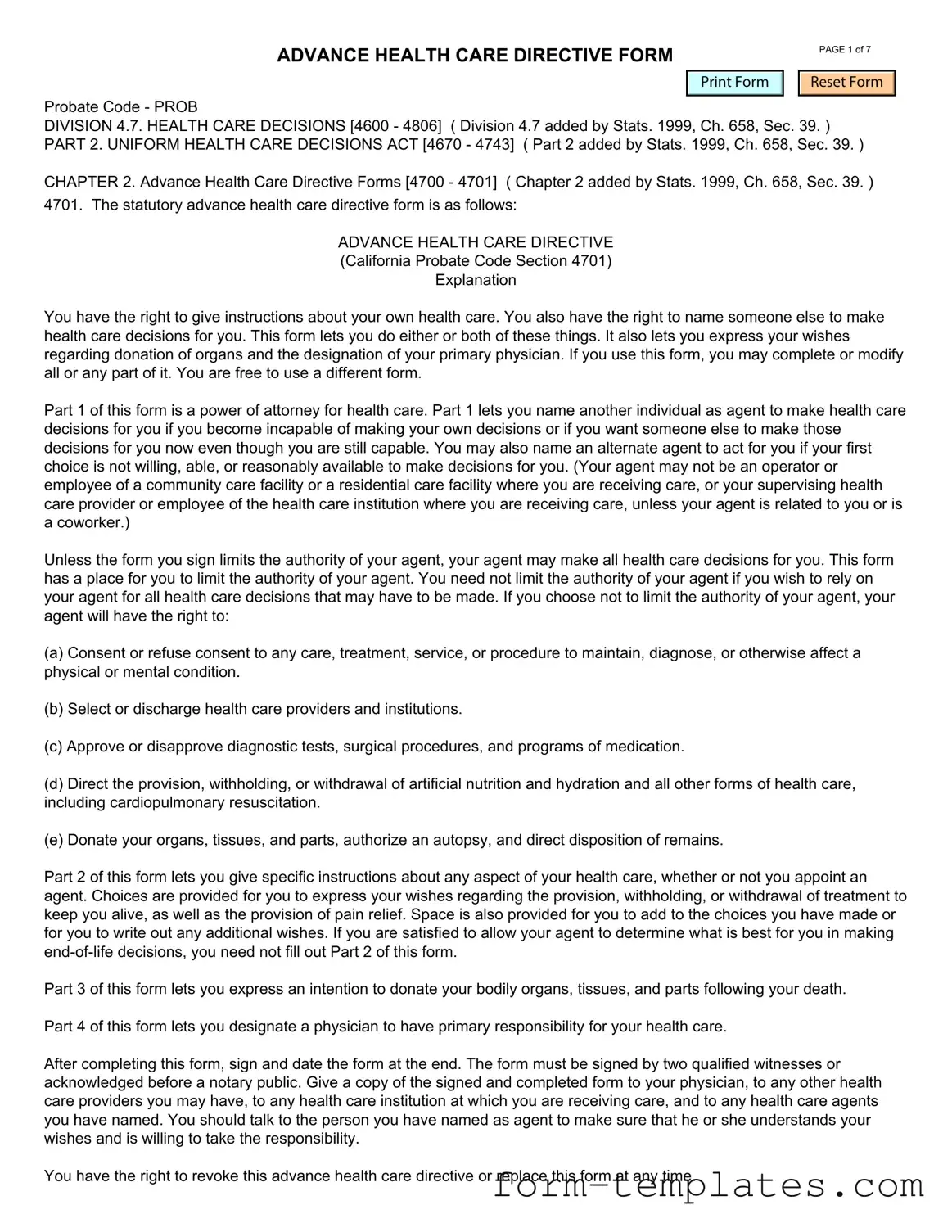 Fill Out a Valid California Advanced Health Care Directive Template