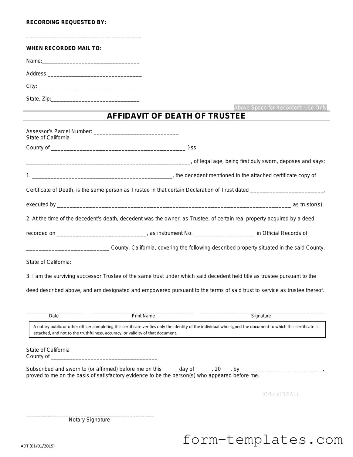 Fill Out a Valid California Affidavit of Death of a Trustee Template