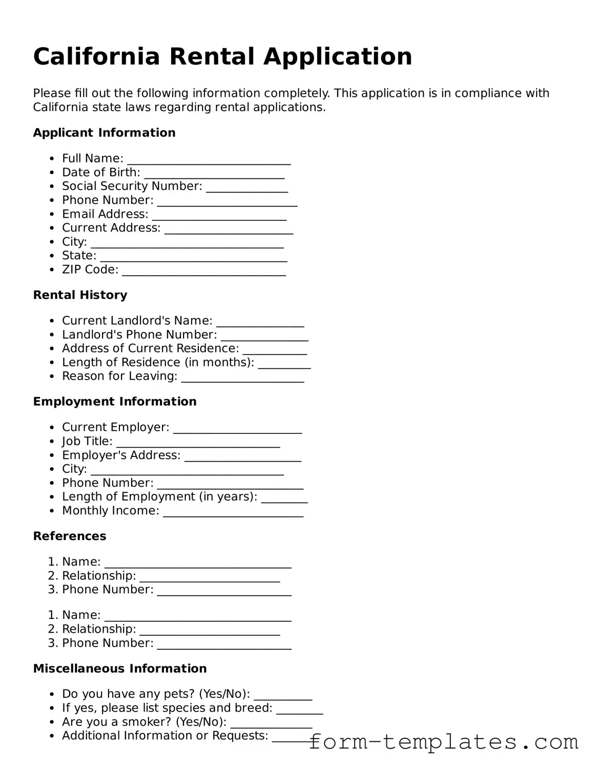 Printable Rental Application Form for the State of California