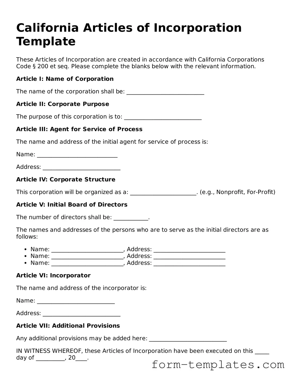 Printable Articles of Incorporation Form for the State of California