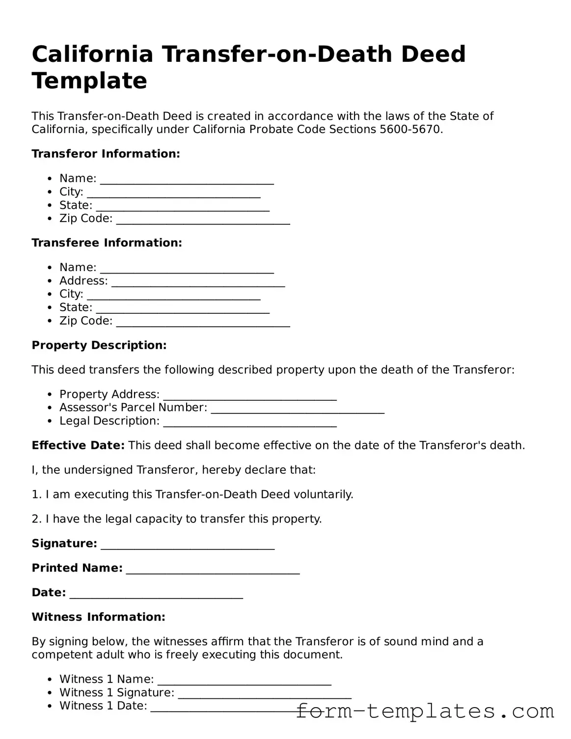 Printable Transfer-on-Death Deed Form for the State of California