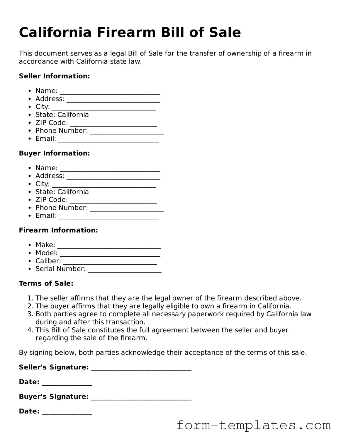 Printable Firearm Bill of Sale Form for the State of California