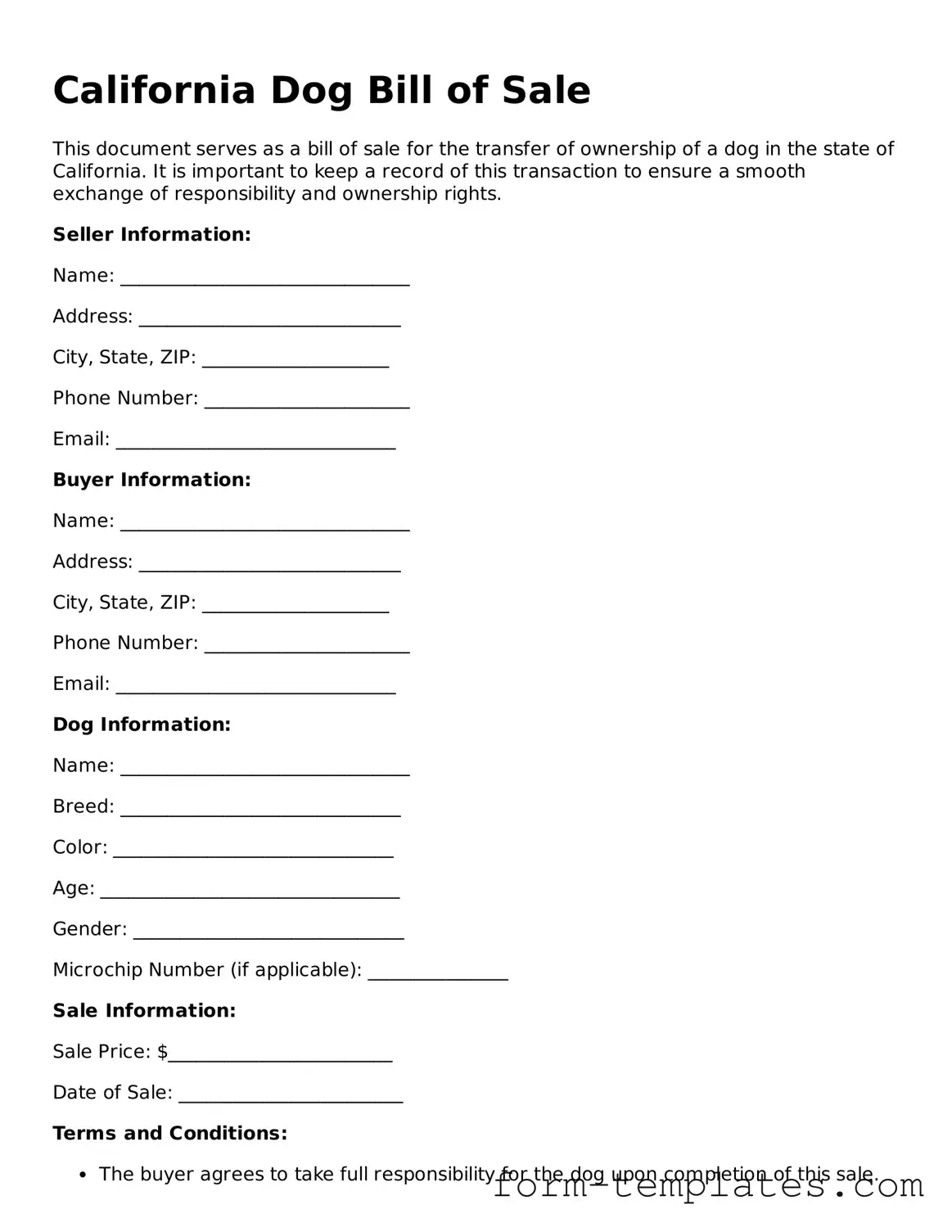 Printable Dog Bill of Sale Form for the State of California