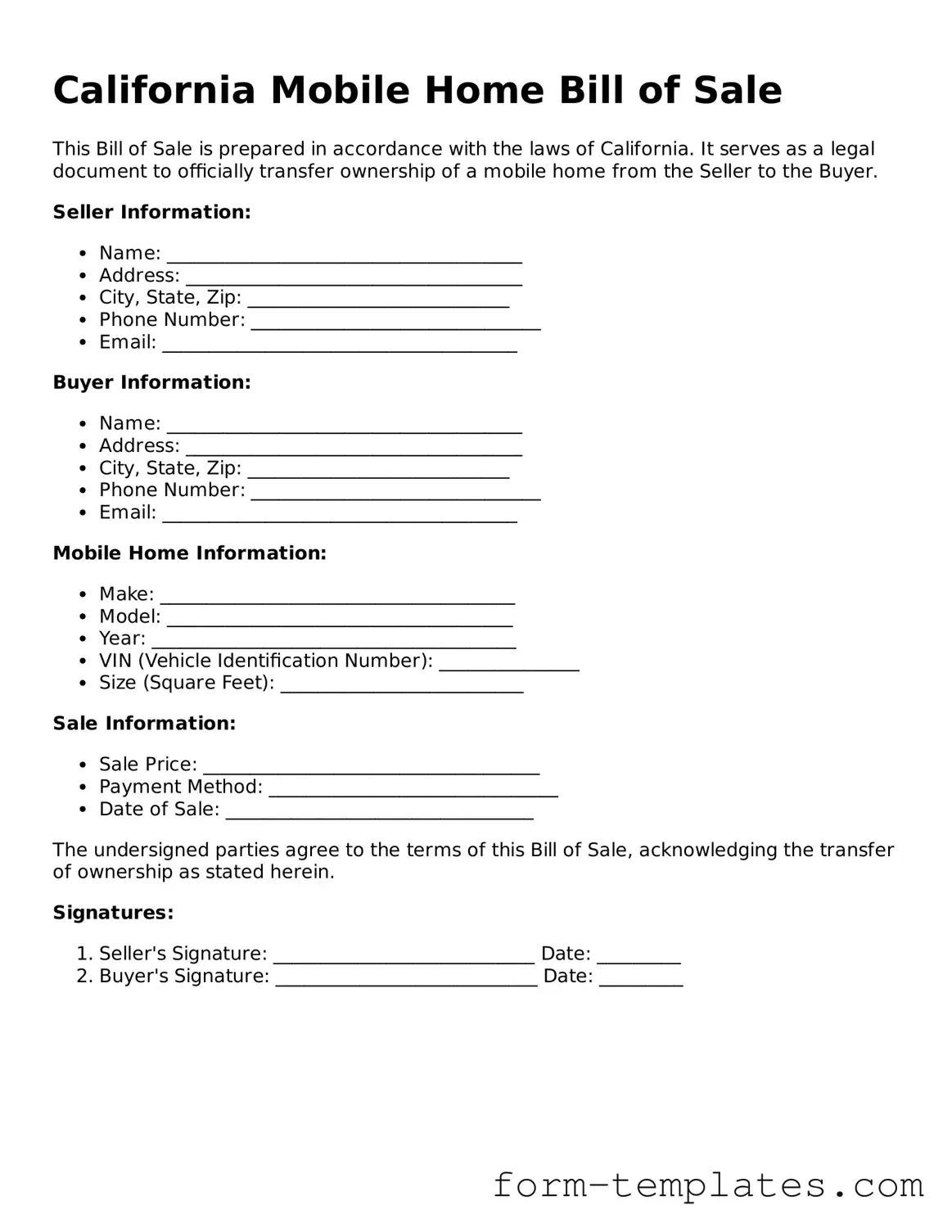 Printable Mobile Home Bill of Sale Form for the State of California