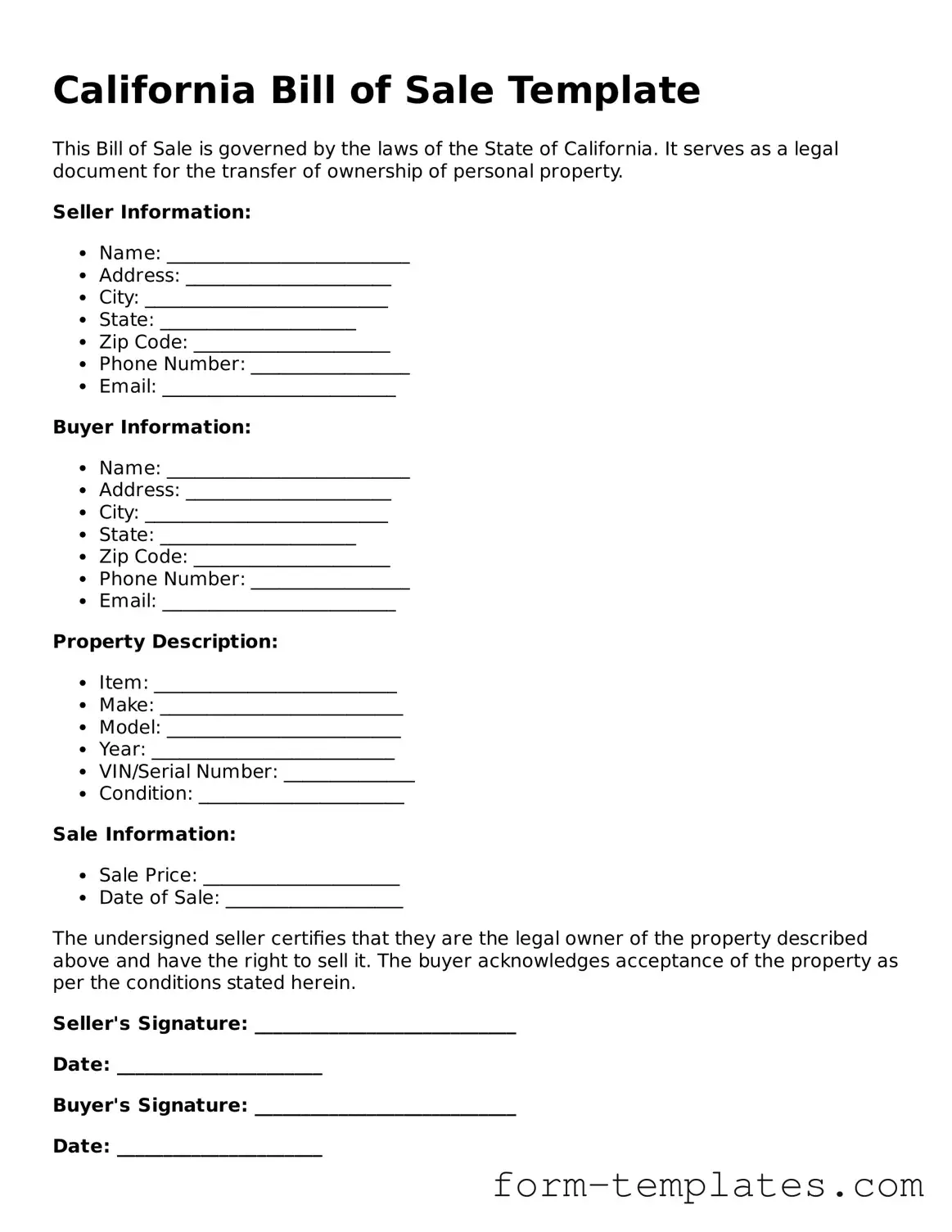 Printable Bill of Sale Form for the State of California