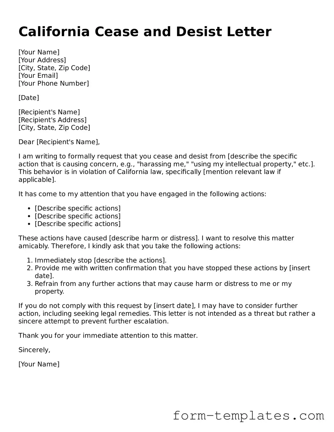 Printable Cease and Desist Letter Form for the State of California