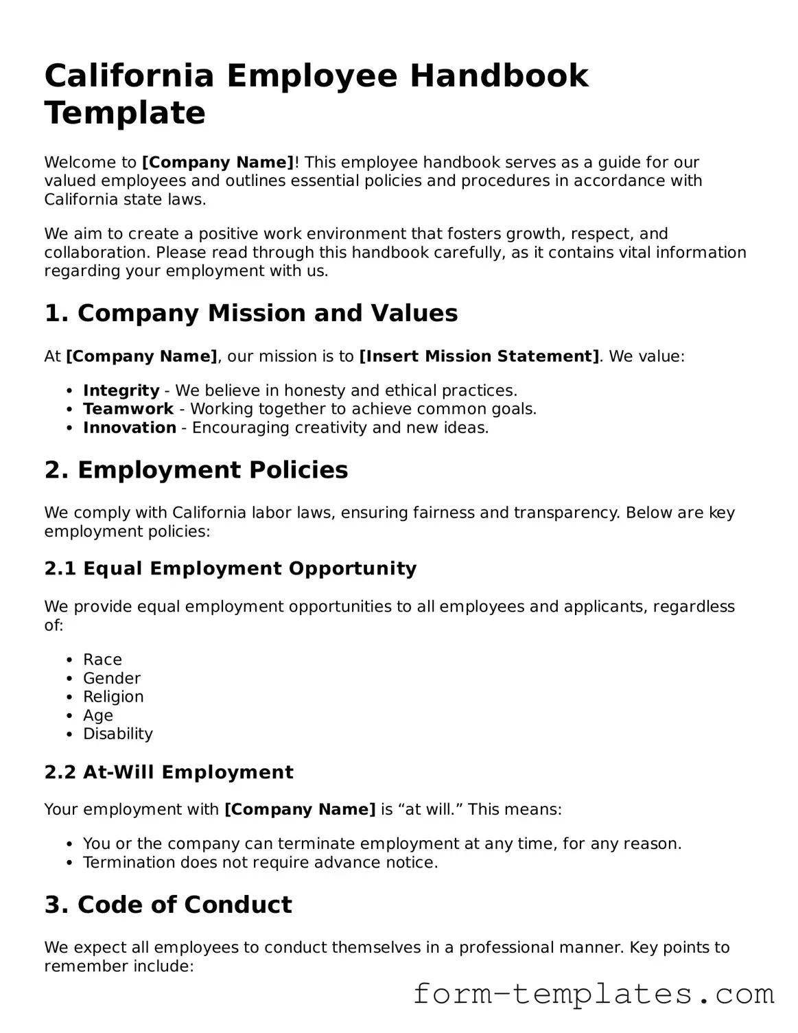 Printable Employee Handbook Form for the State of California