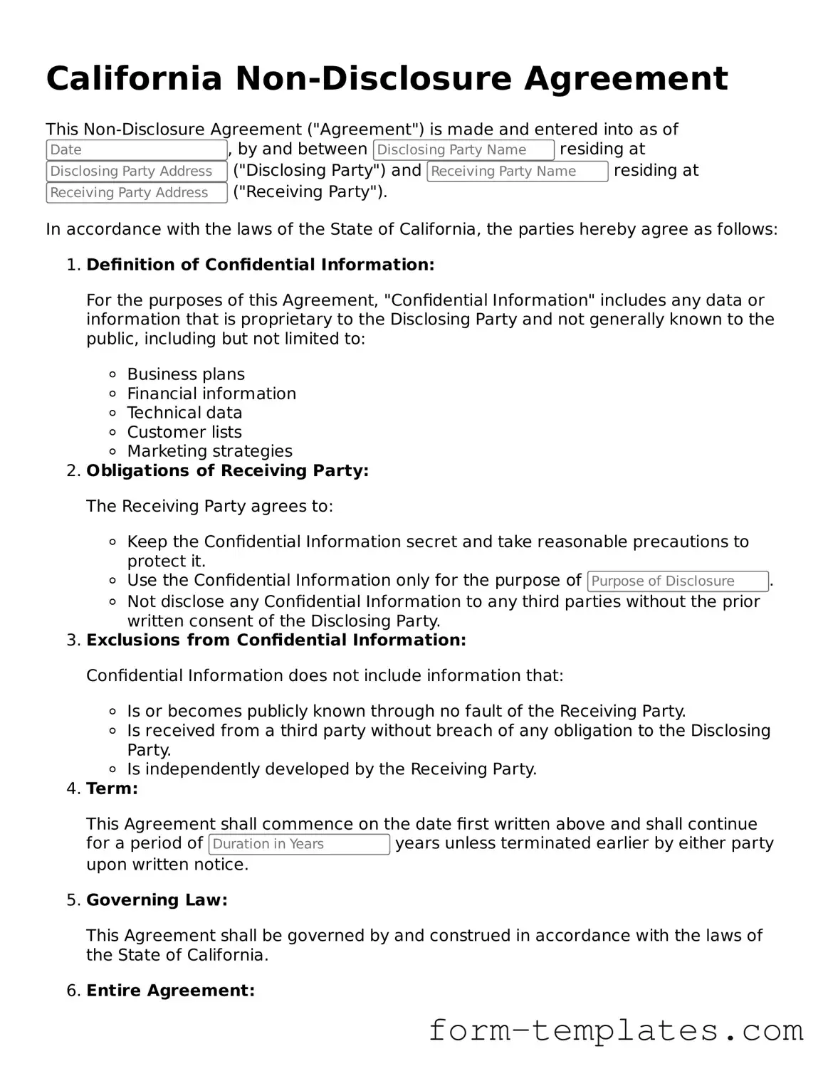 Printable Non-disclosure Agreement Form for the State of California