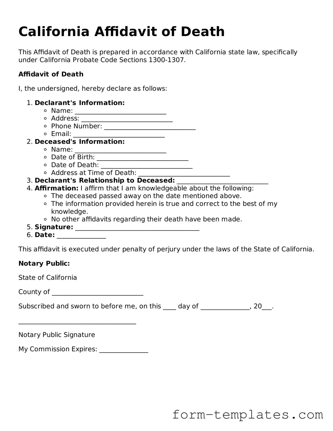 Printable Affidavit of Death Form for the State of California
