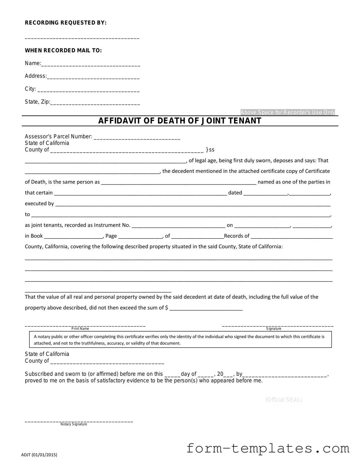 Fill Out a Valid California Death of a Joint Tenant Affidavit Template
