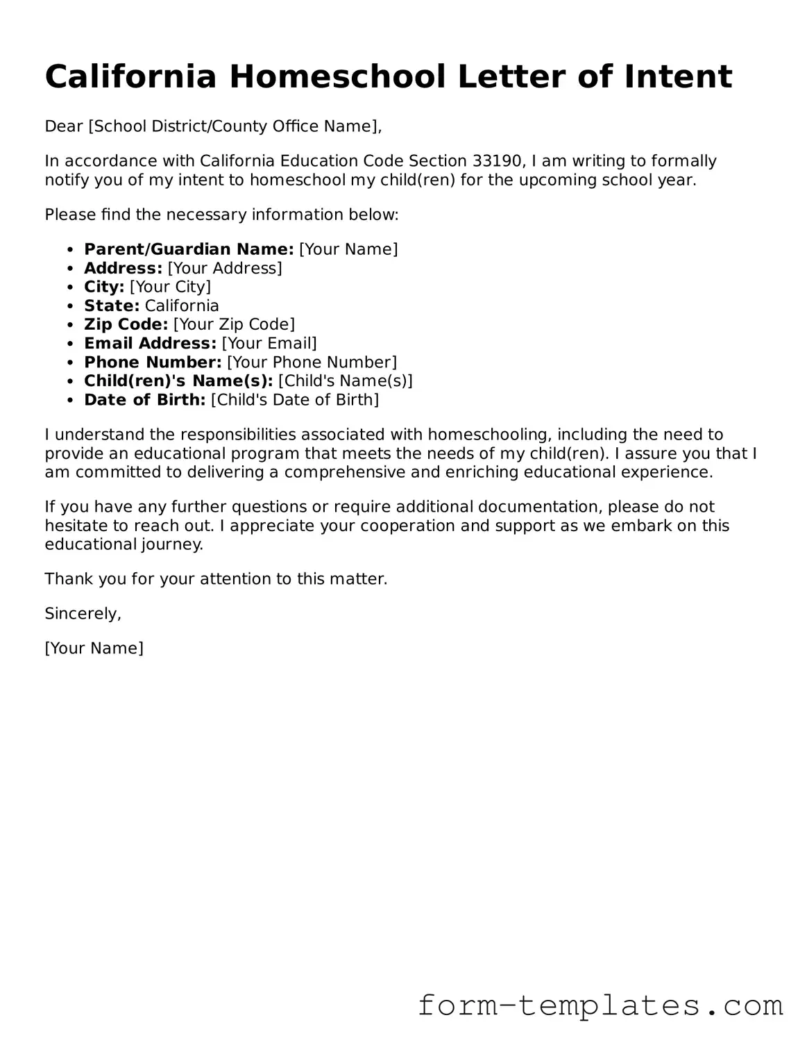 Printable Homeschool Letter of Intent Form for the State of California