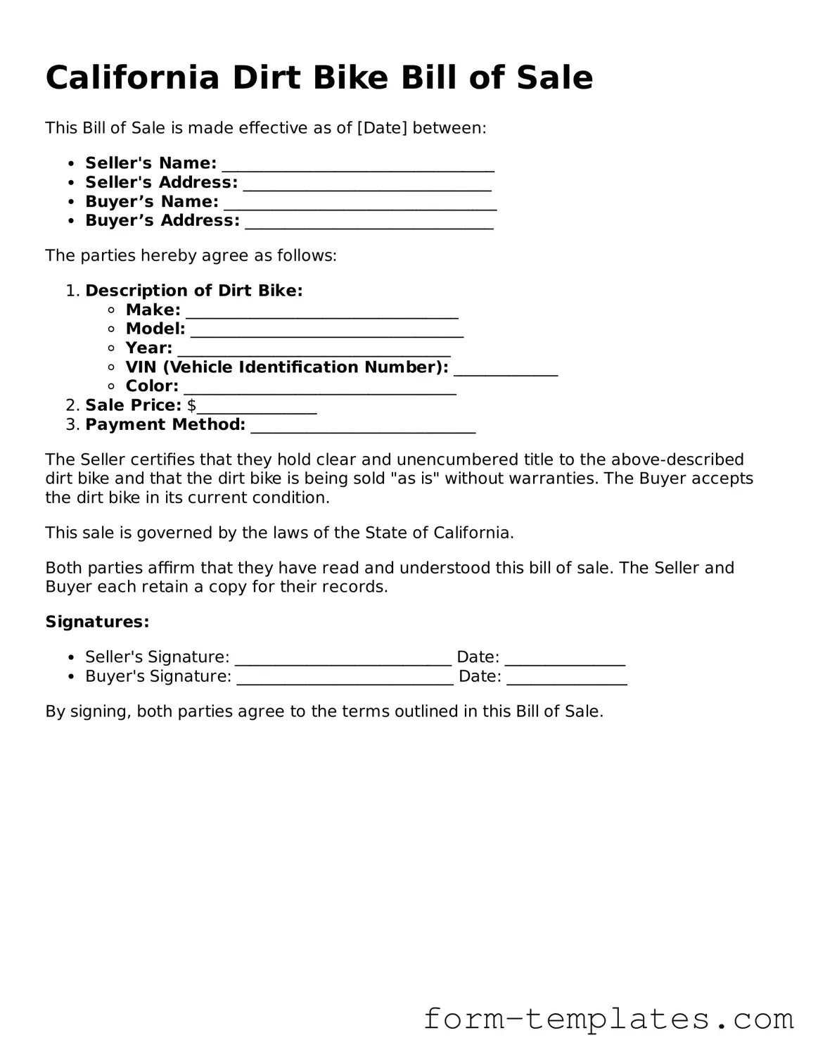 Printable Dirt Bike Bill of Sale Form for the State of California