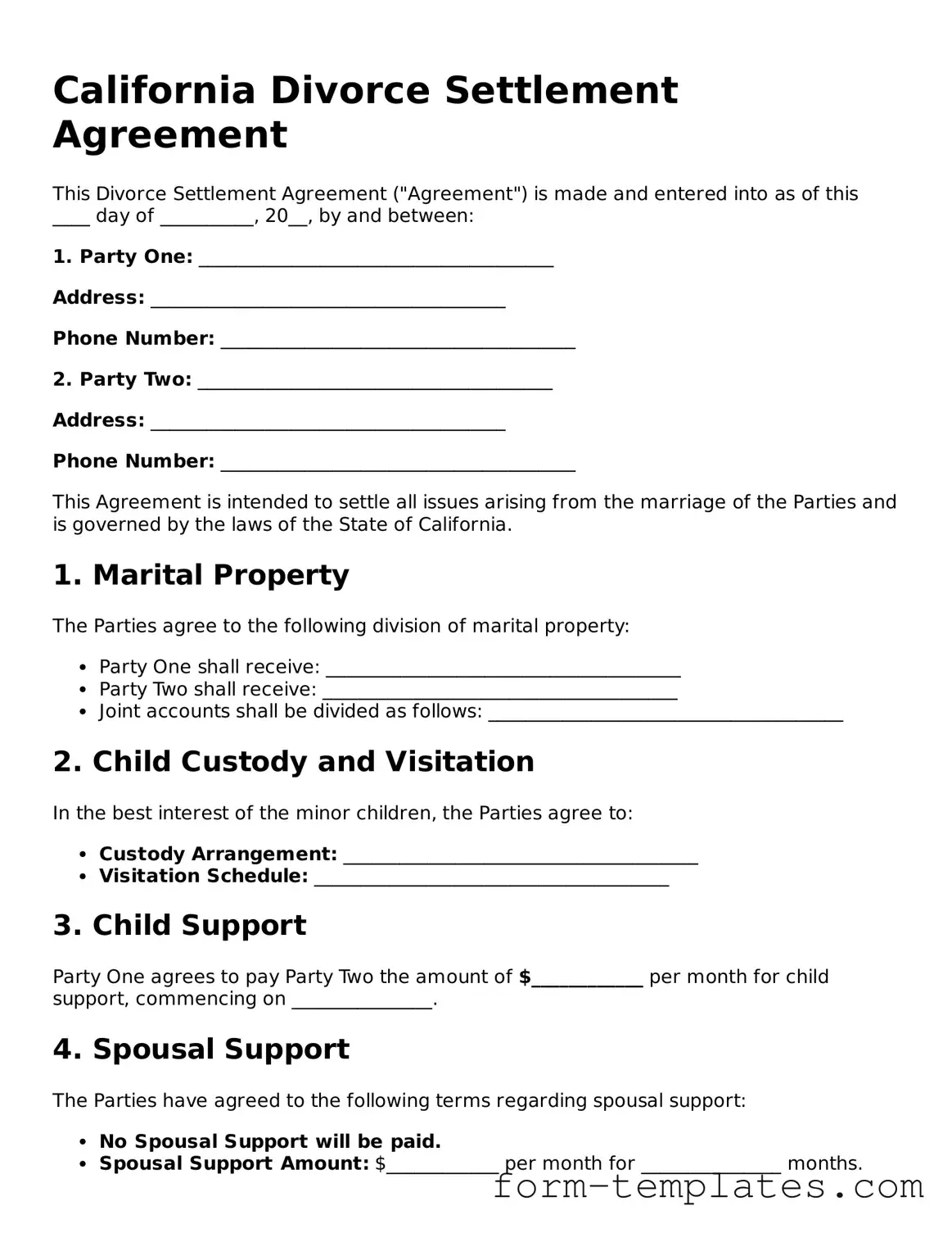 Printable Divorce Settlement Agreement Form for the State of California