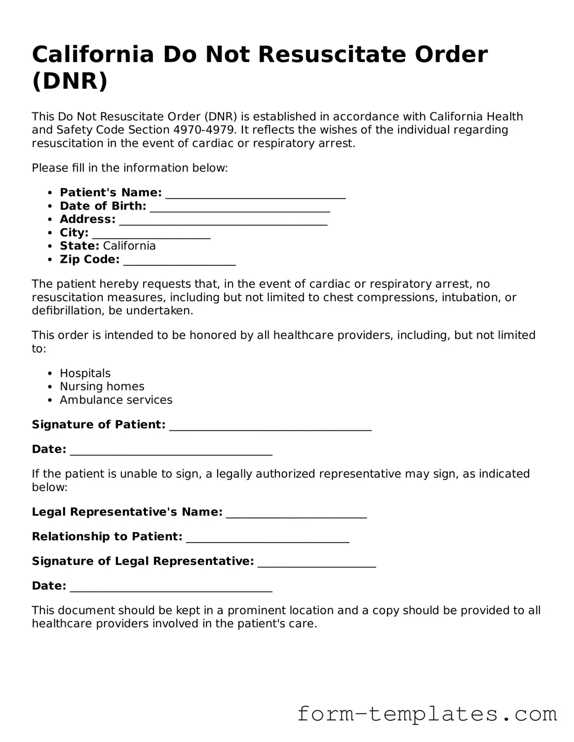 Printable Do Not Resuscitate Order Form for the State of California