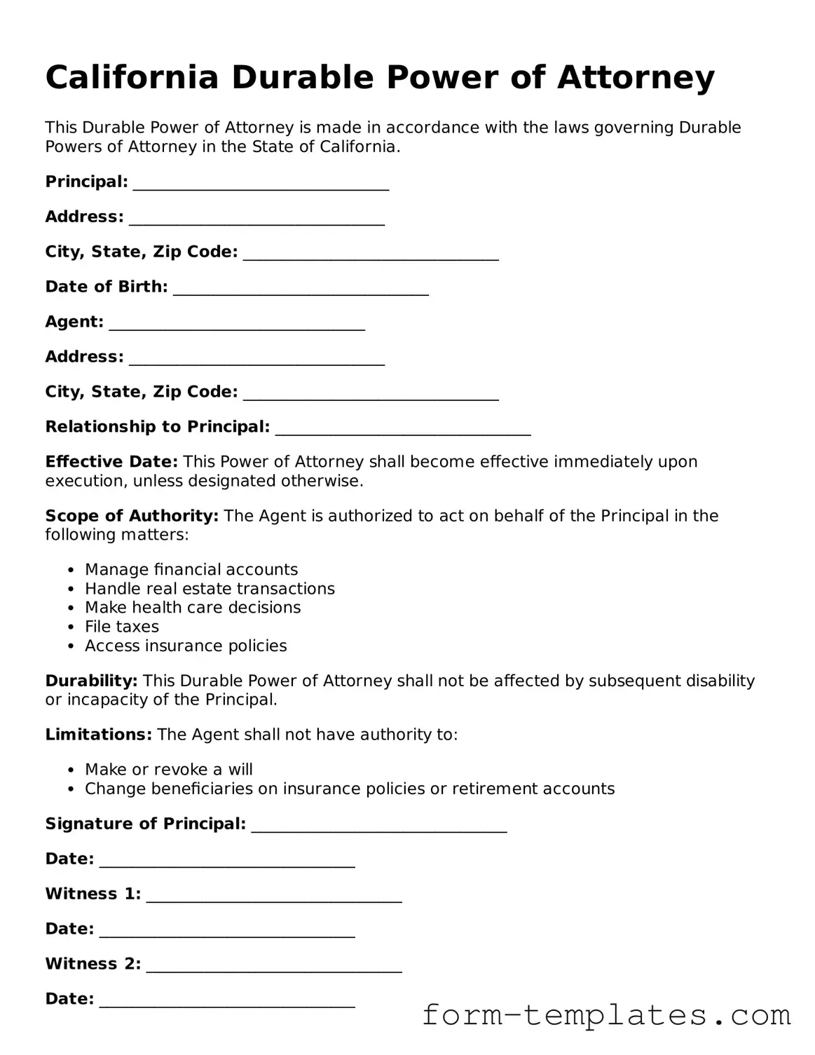 Printable Durable Power of Attorney Form for the State of California