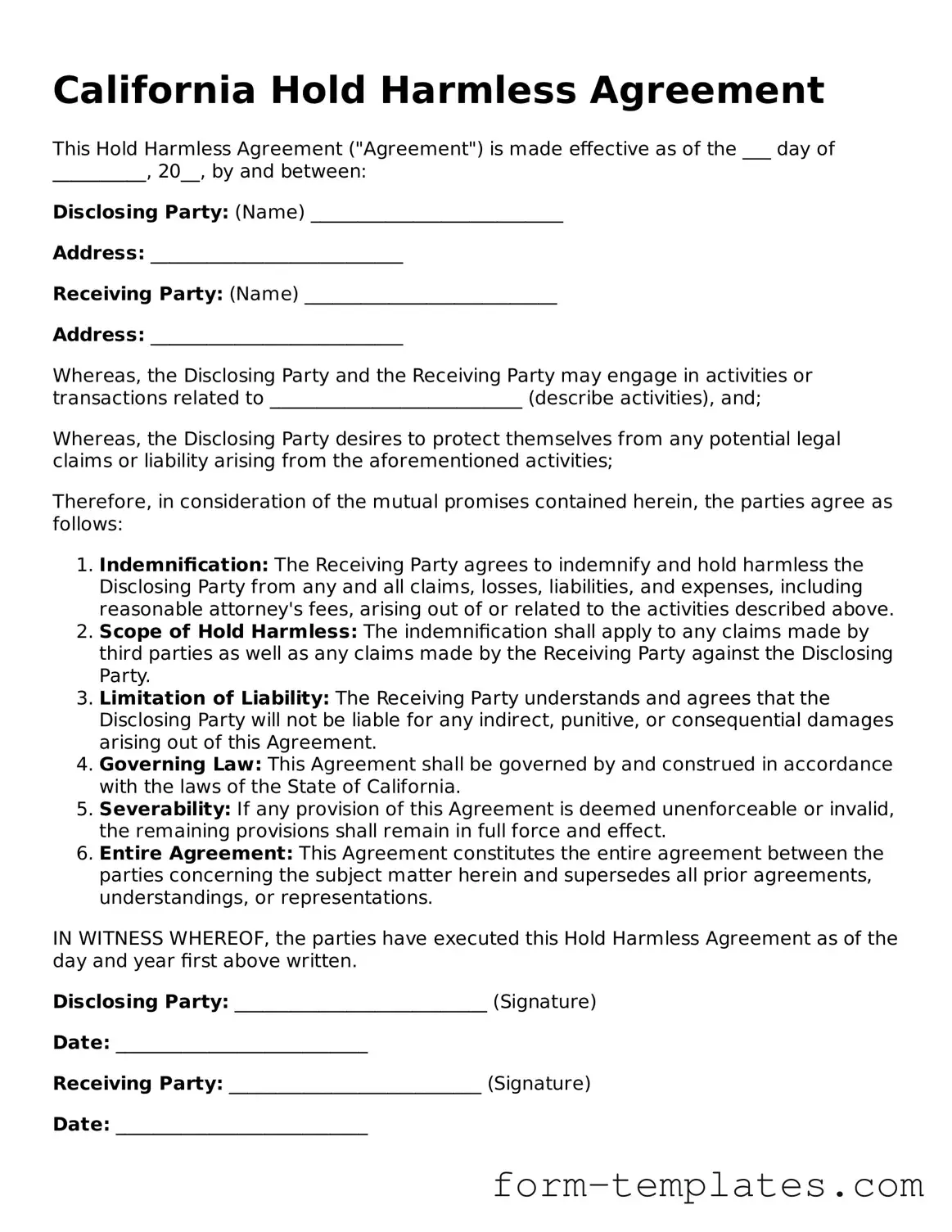 Printable Hold Harmless Agreement Form for the State of California