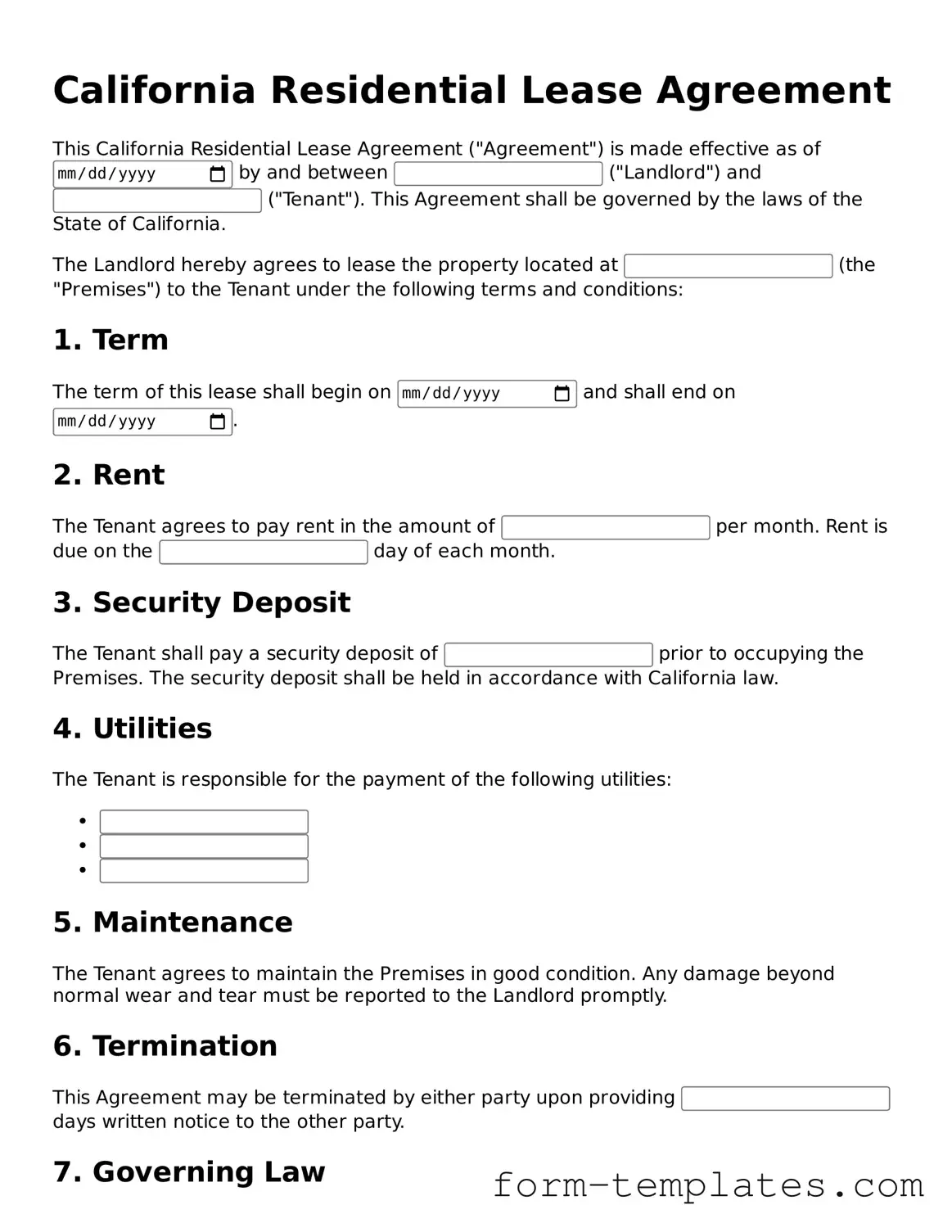 Printable Residential Lease Agreement Form for the State of California