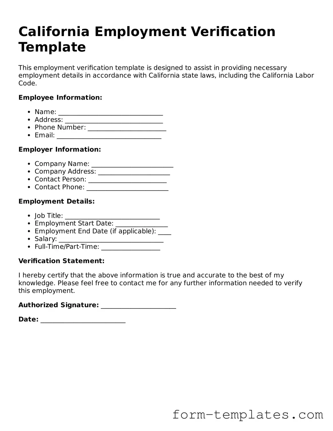 Printable Employment Verification Form for the State of California
