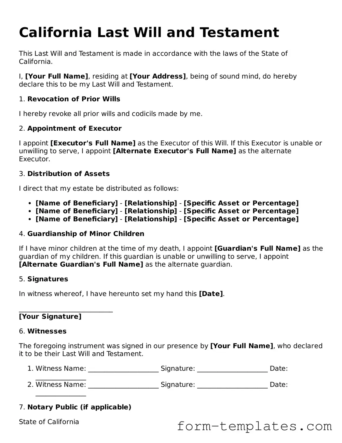 Printable Last Will and Testament Form for the State of California