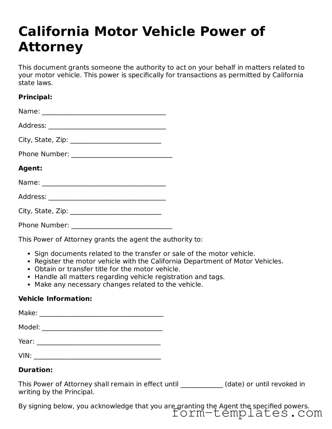 Printable Motor Vehicle Power of Attorney Form for the State of California