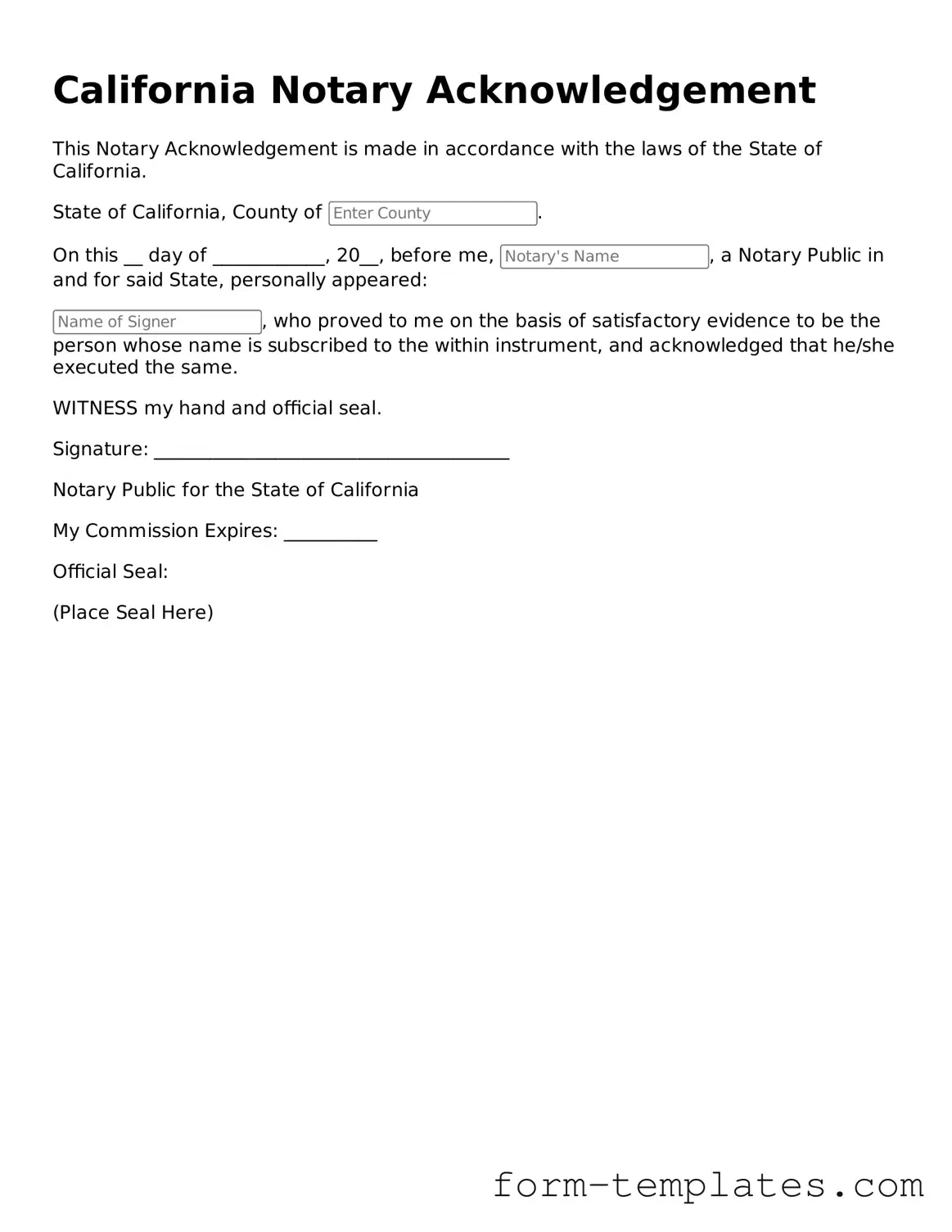 Printable Notary Acknowledgement Form for the State of California