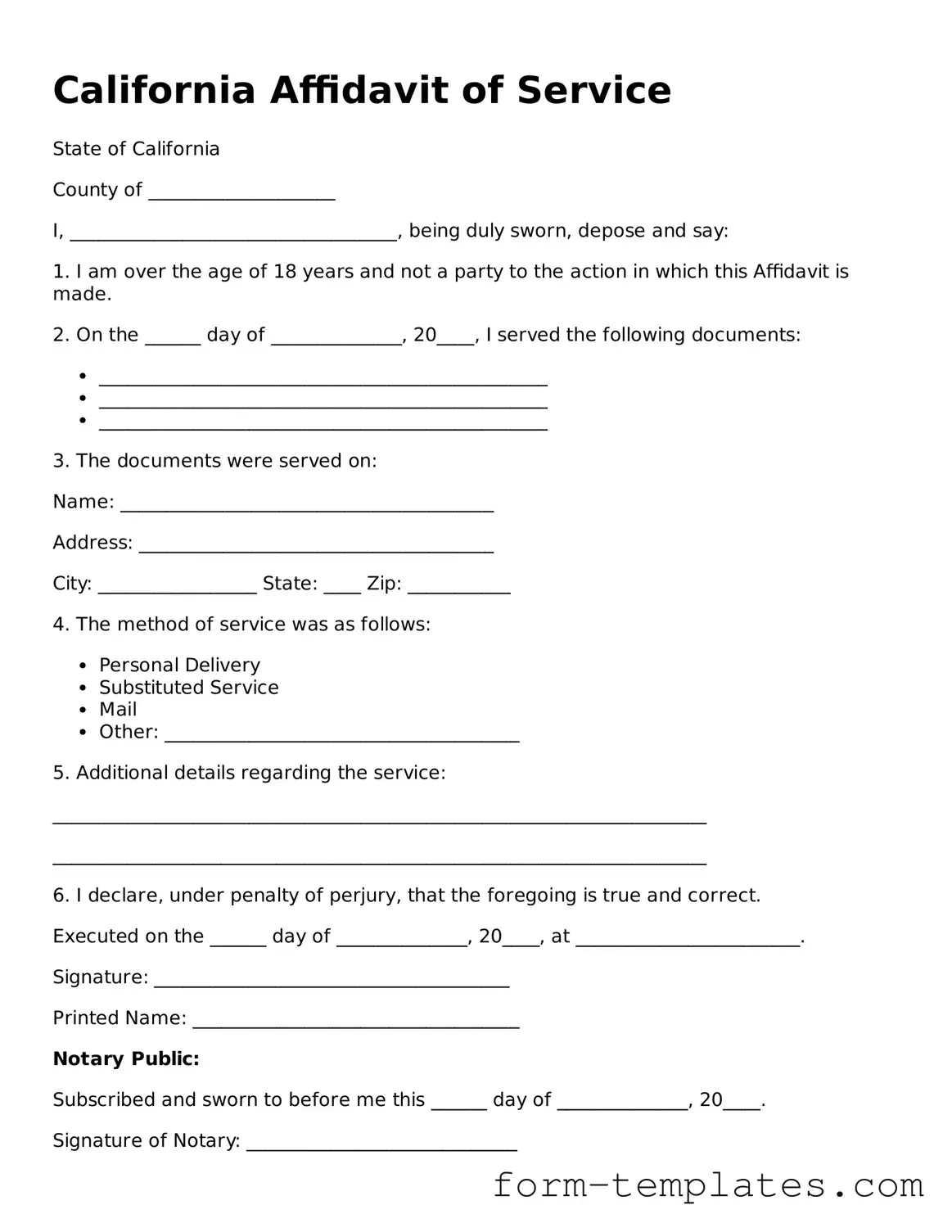 Printable Affidavit of Service Form for the State of California