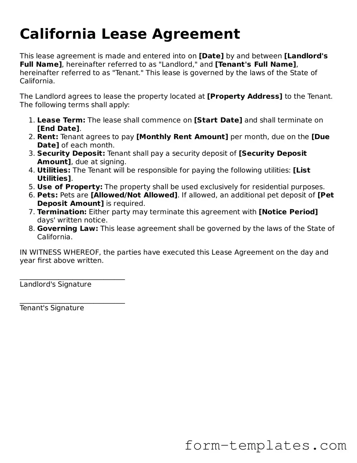 Printable Lease Agreement Form for the State of California