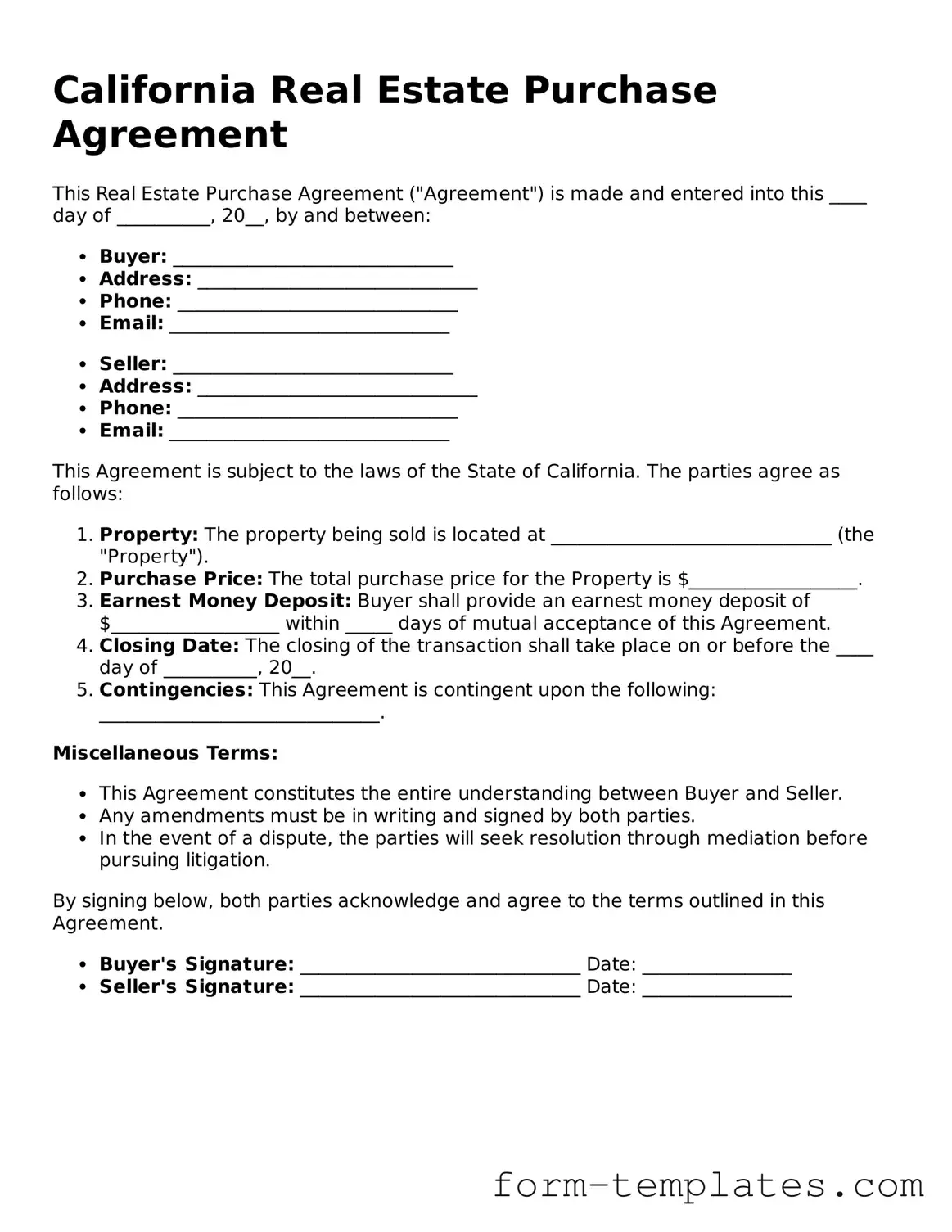 Printable Real Estate Purchase Agreement Form for the State of California