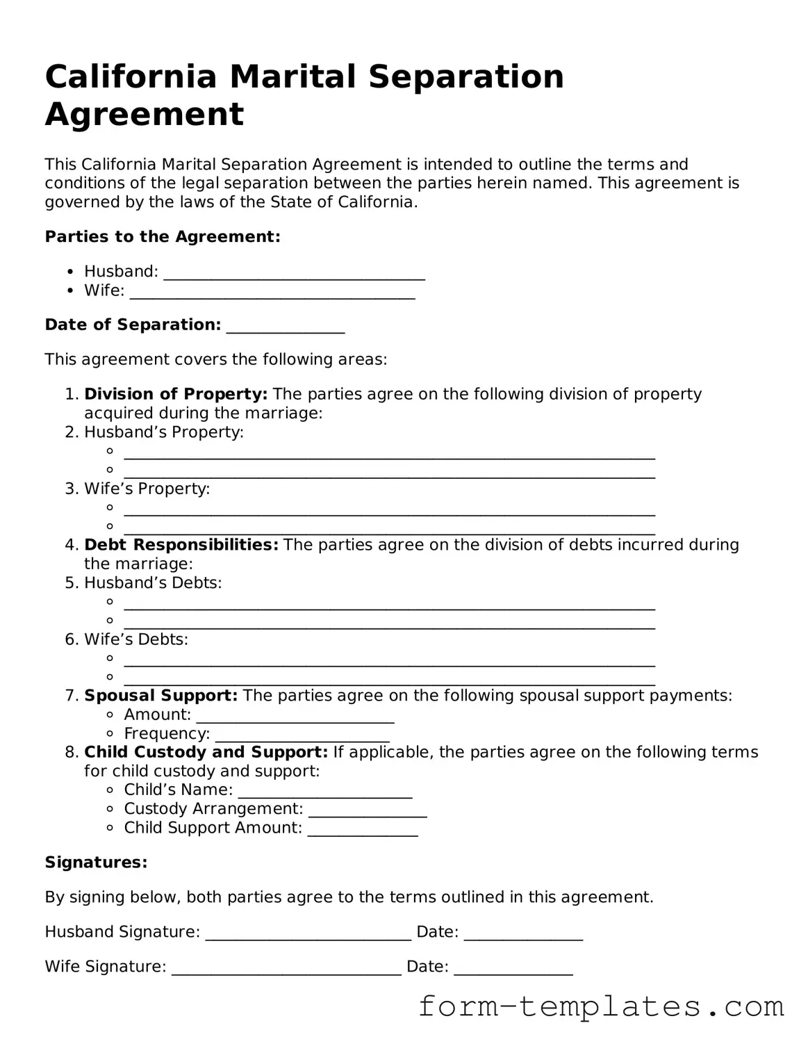 Printable Marital Separation Agreement Form for the State of California