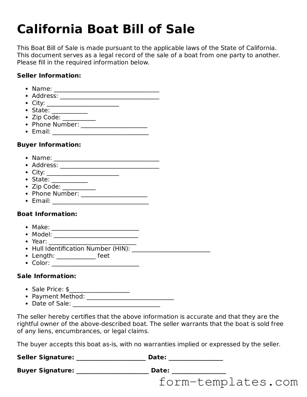 Printable Boat Bill of Sale Form for the State of California