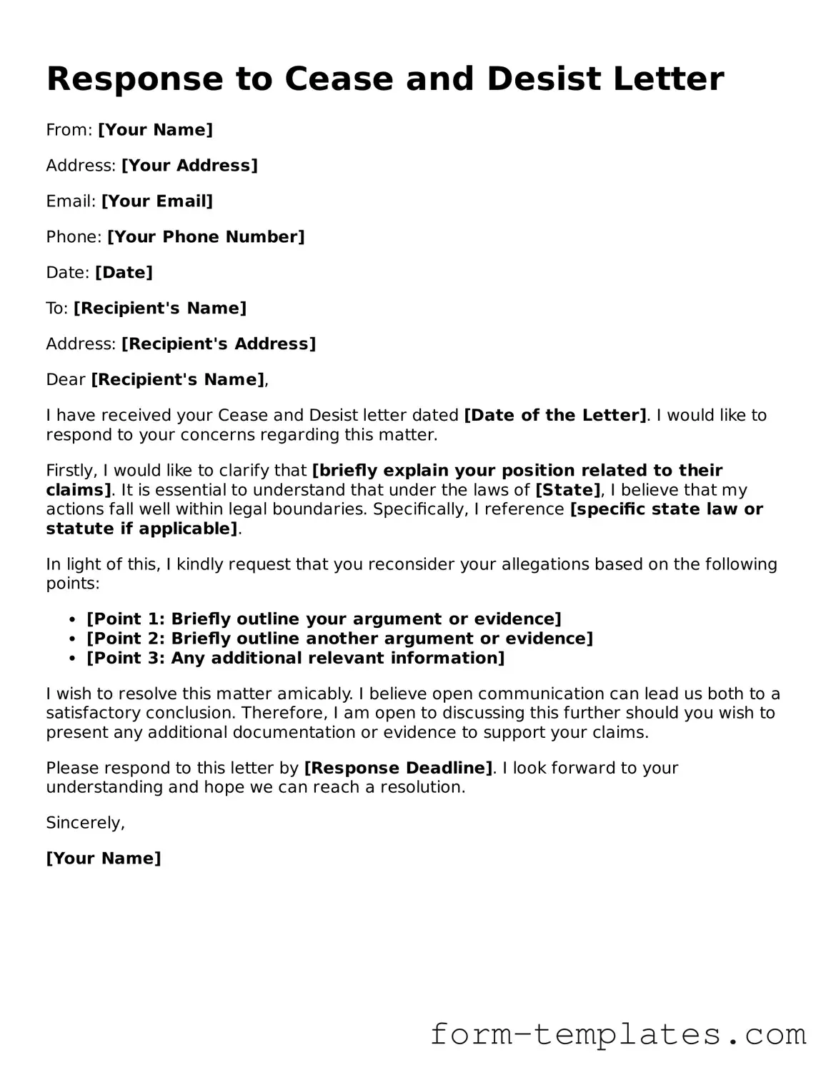 Attorney-Approved Response to a Cease and Desist Letter Document
