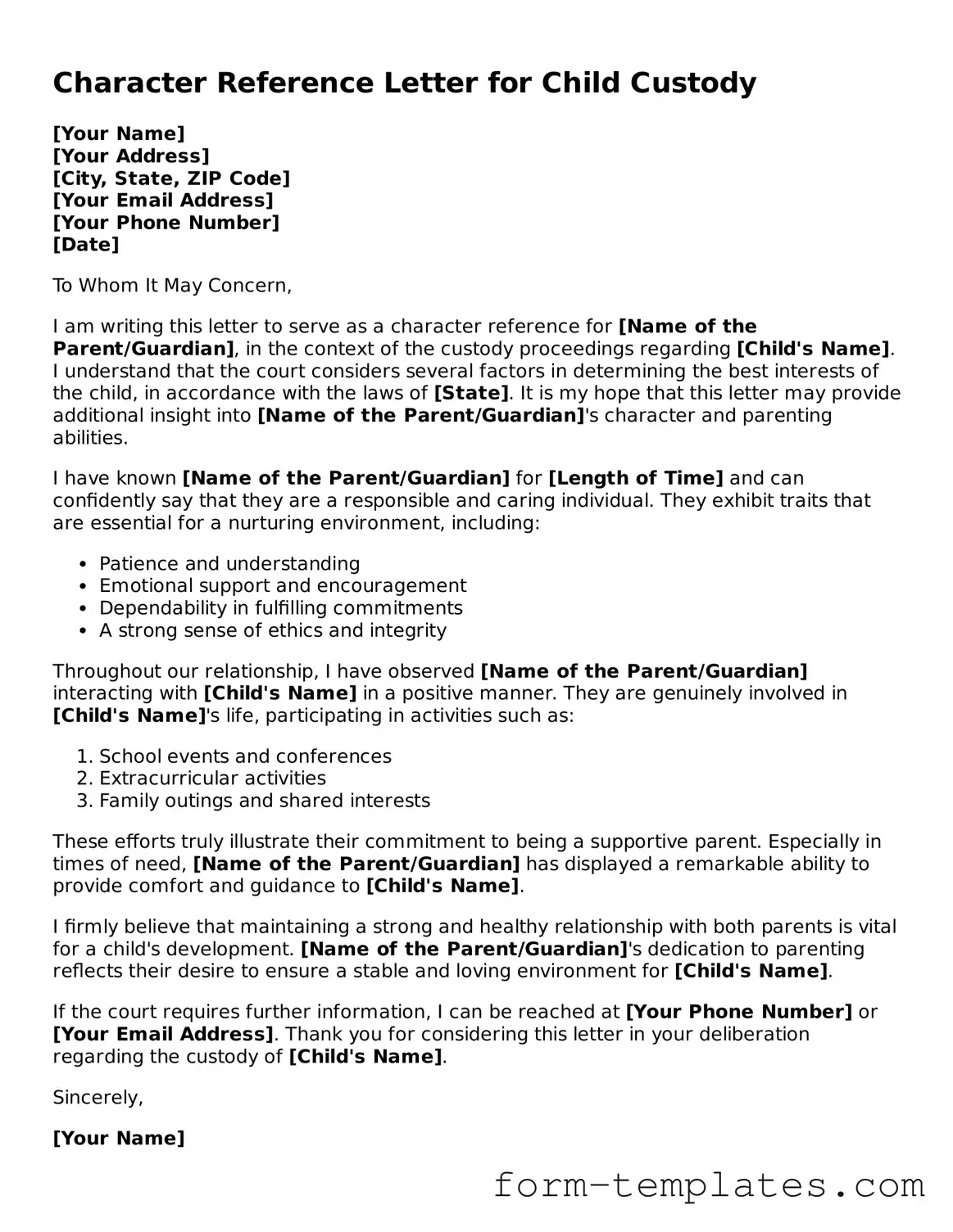 Attorney-Approved Character Reference Letter for Child Custody Document