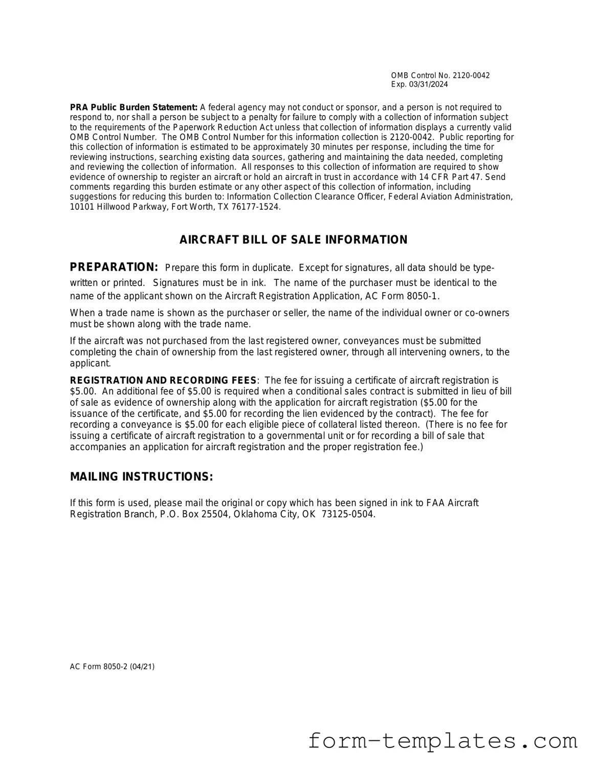 Fill Out a Valid Aircraft Bill of Sale AC 8050-2 Template