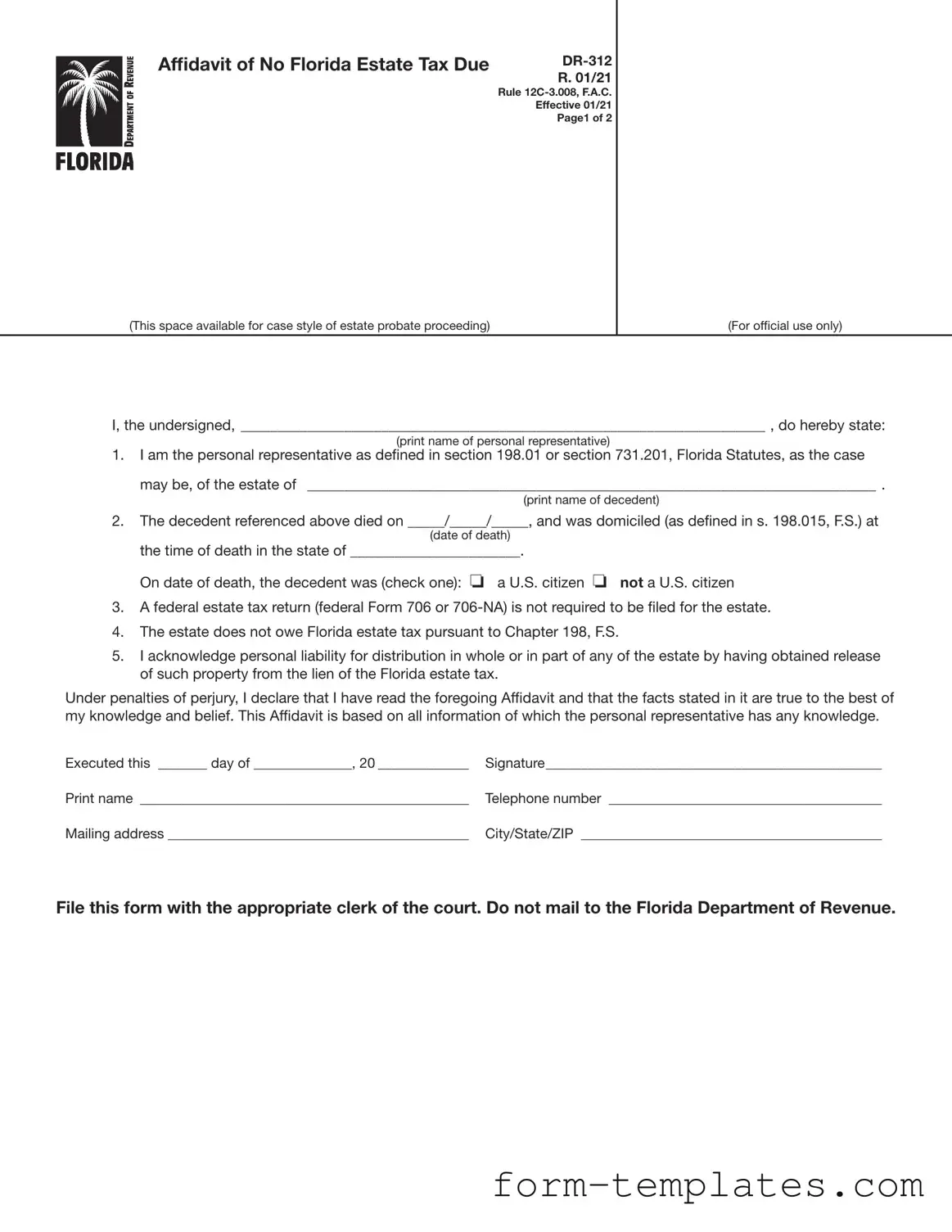 Fill Out a Valid Fl Dr 312 Template