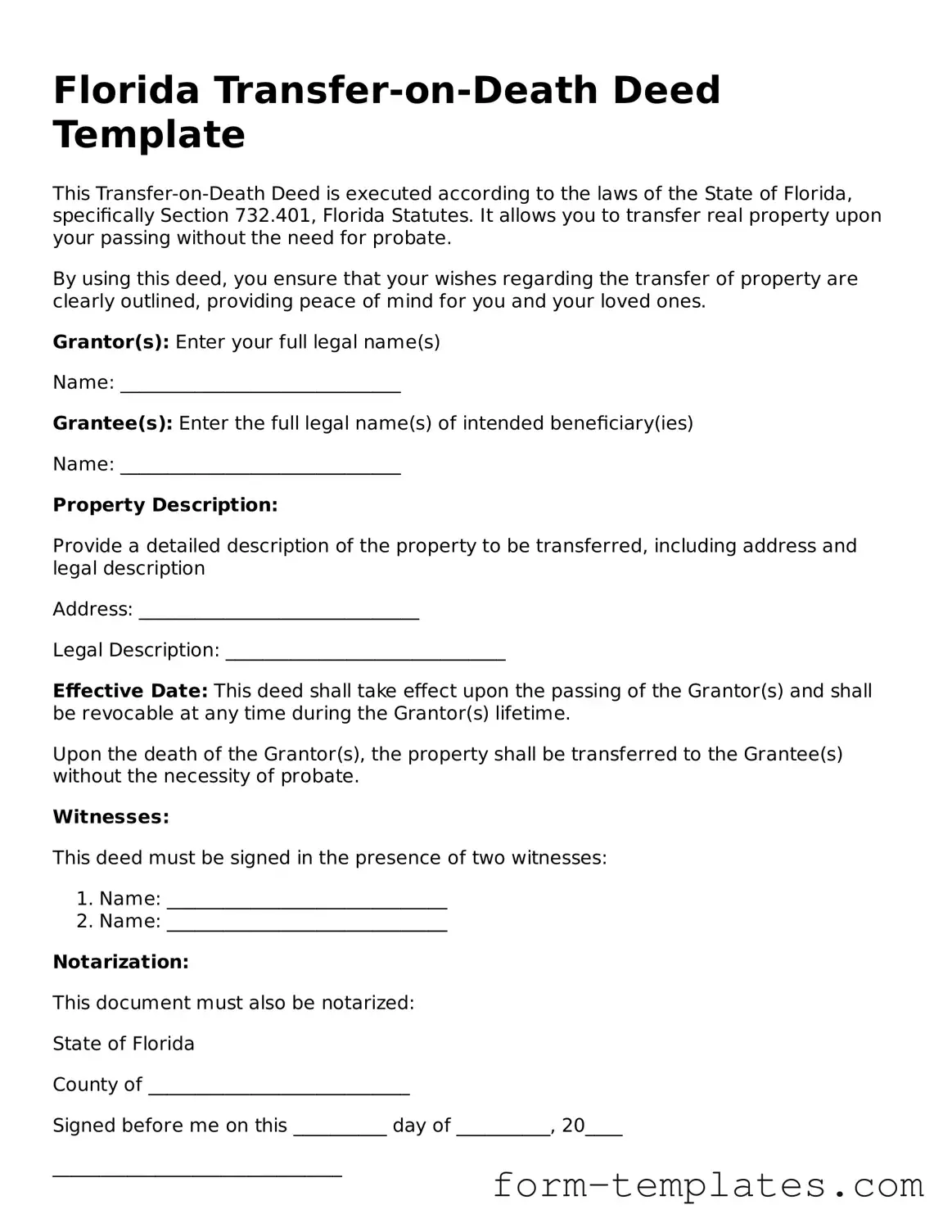 Printable Transfer-on-Death Deed Form for the State of Florida