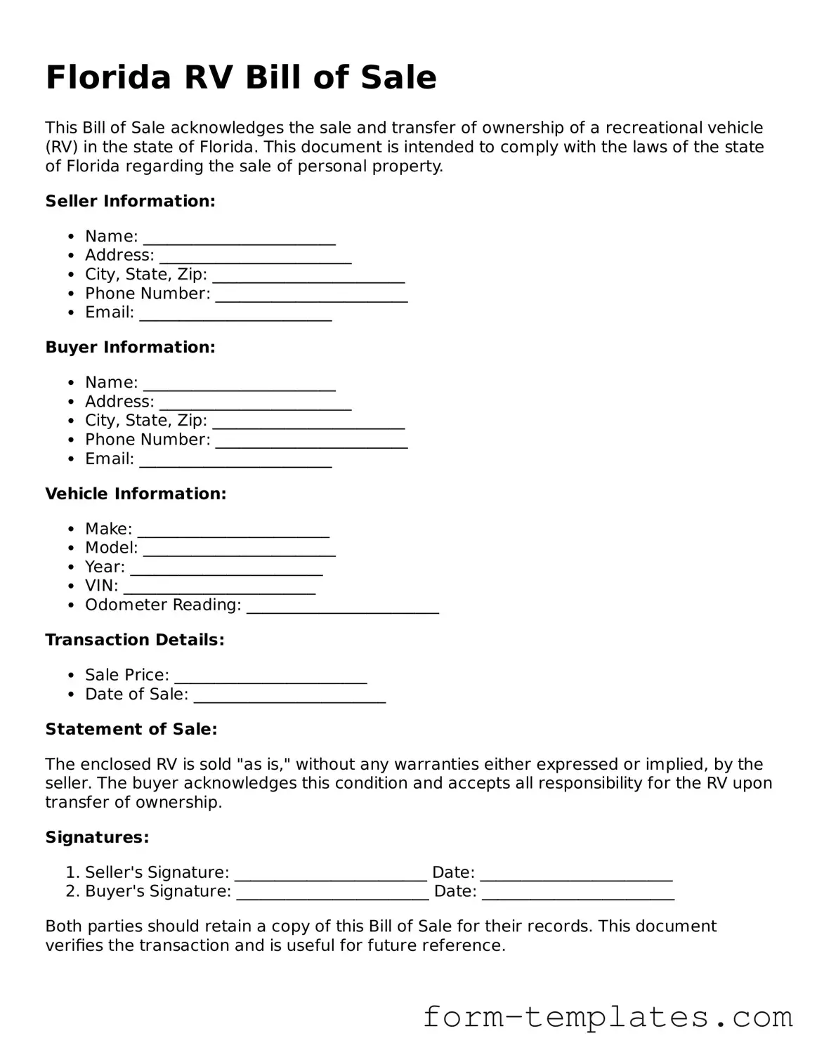 Printable RV Bill of Sale Form for the State of Florida