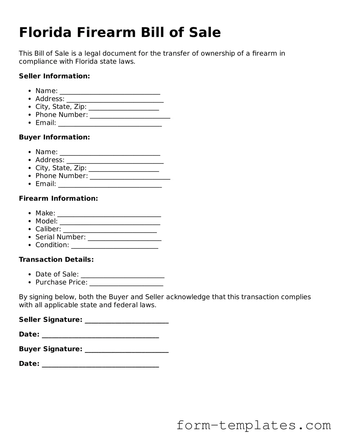 Printable Firearm Bill of Sale Form for the State of Florida