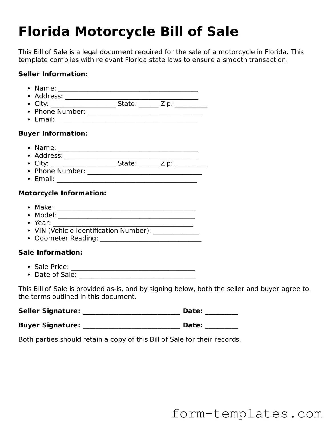 Printable Motorcycle Bill of Sale Form for the State of Florida