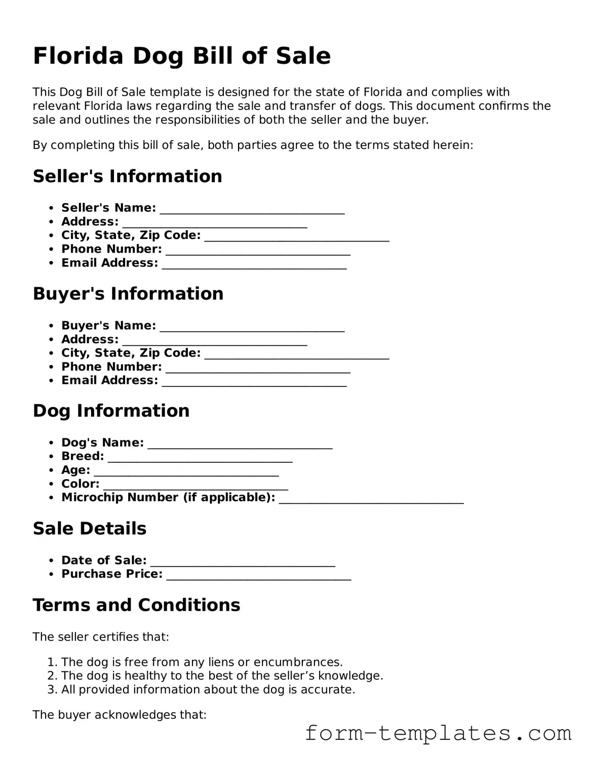 Printable Dog Bill of Sale Form for the State of Florida