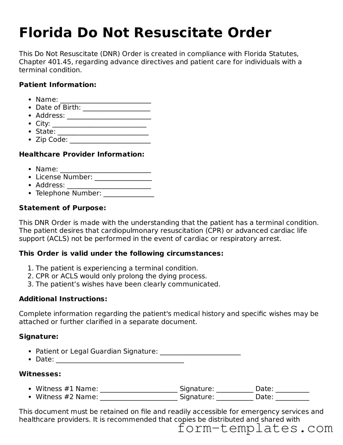 Printable Do Not Resuscitate Order Form for the State of Florida