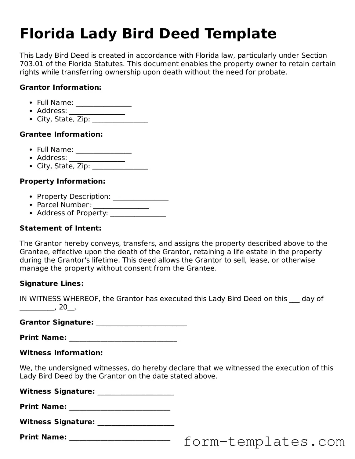 Printable Lady Bird Deed Form for the State of Florida